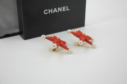 Chanel 93C Red Lava Imitation Pearls Gold Plated CC Starfish Earrings