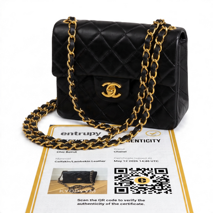 Vintage Chanel Black Quilted Lambskin Mini Square Timeless Classic Flap Bag 24K gold hardware