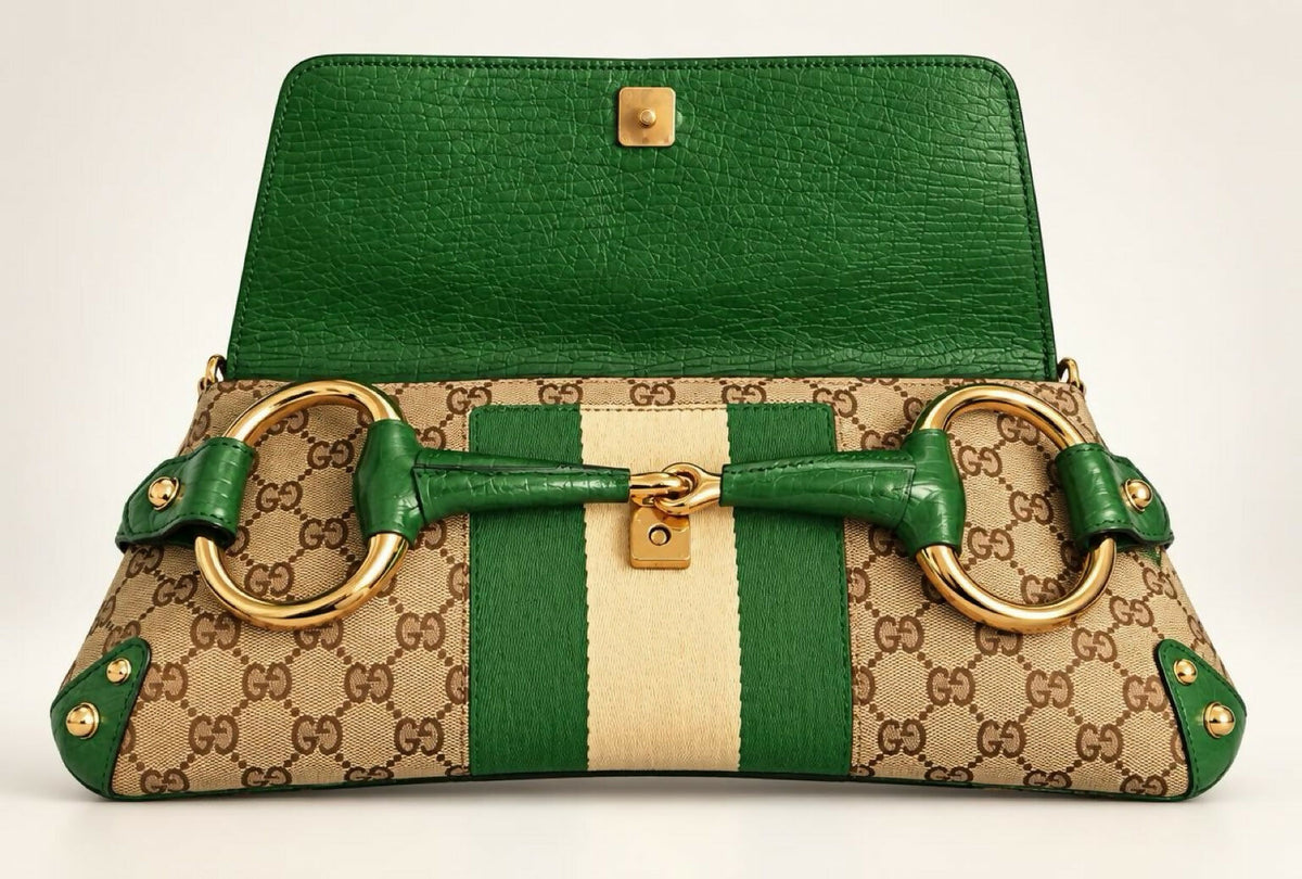 Gucci Large 1955 Tom Ford Classic Green Ivory GG Monogram Horsebit Clutch Handbag Gold hardware