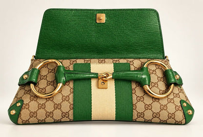 Gucci Large 1955 Tom Ford Classic Green Ivory GG Monogram Horsebit Clutch Handbag Gold hardware