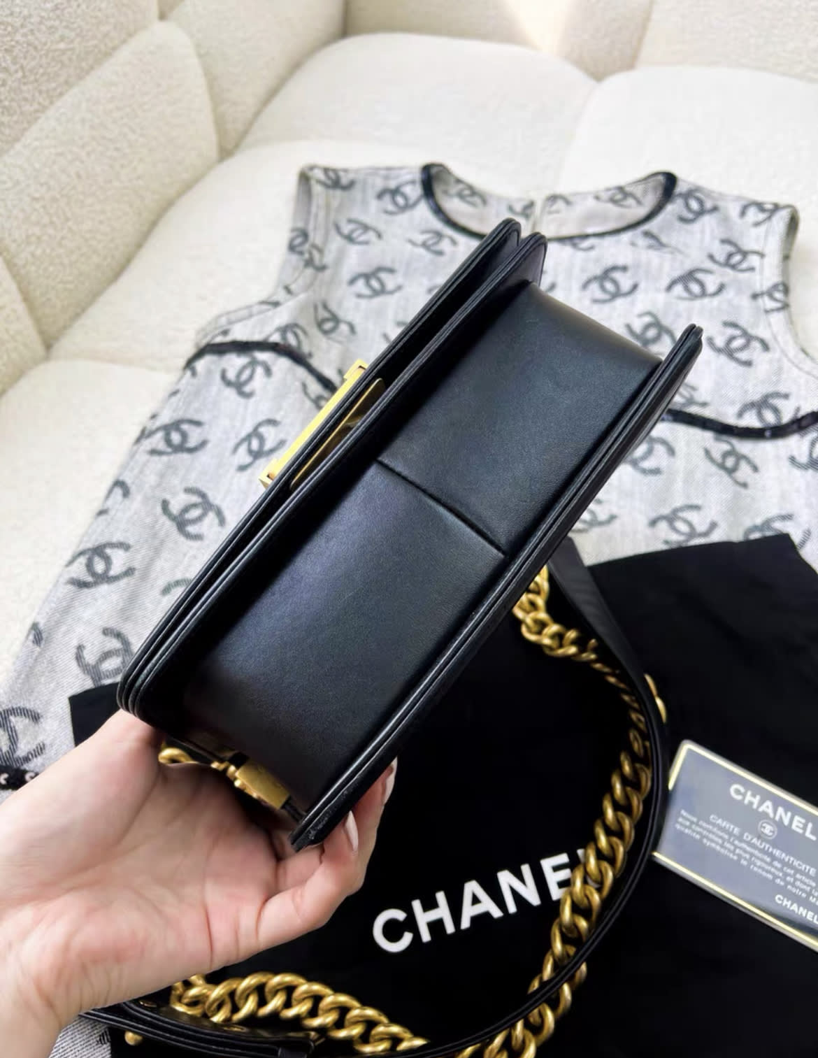 Rare Chanel limited edition leboy camellia flower black leather