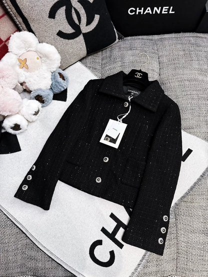 Chanel 25k black sequined tweed cropped jacket and skirt