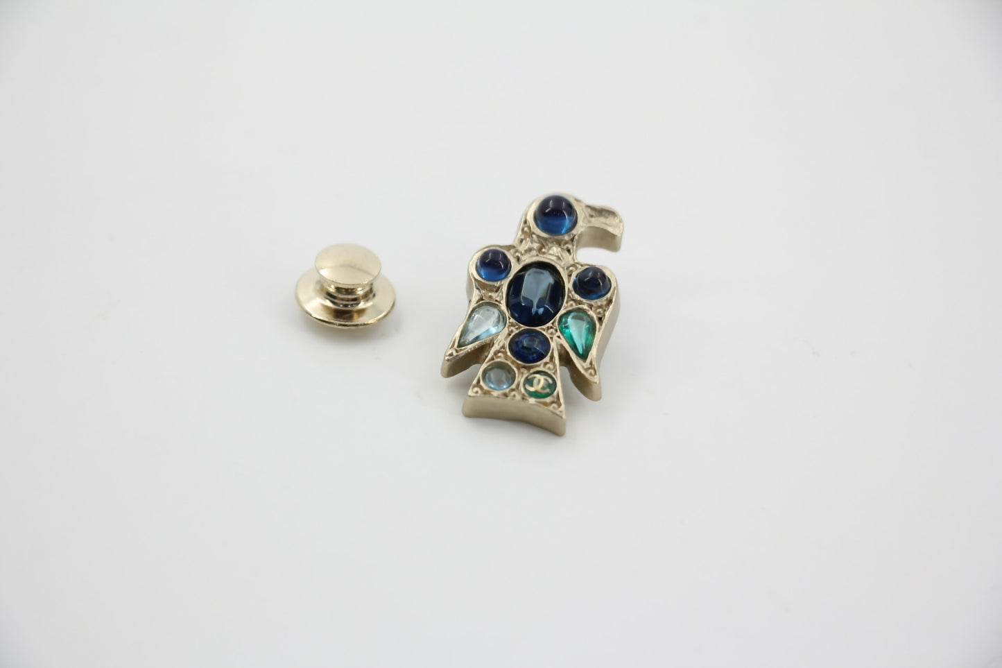 Chanel Vintage 07A Gripoix Blue Black & Green Eagle Brooch