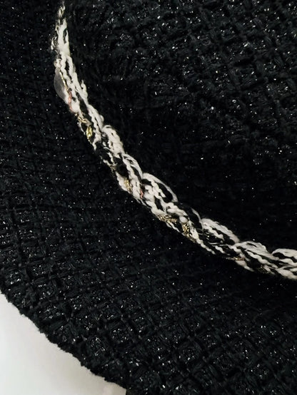 Chanel 25K black tweed hat with gold trim
