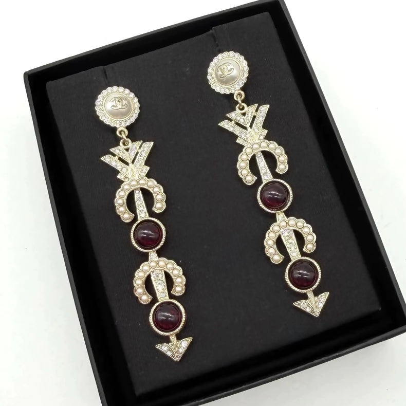 Chanel red glass pearl and diamond arrow-shaped earrings