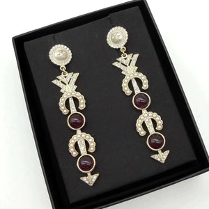 Chanel red glass pearl and diamond arrow-shaped earrings