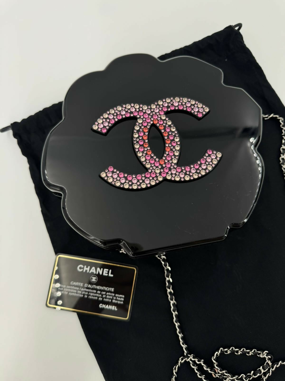 Chanel 2018 Rhinestone Plexiglass Strass Pink and Multicoloured Camellia Minaudiere Clutch Bag