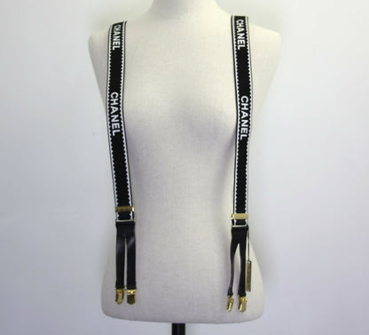 Chanel Vintage 94P Leather & Canvas Coco Mark Suspenders in Black with Gold Hardware