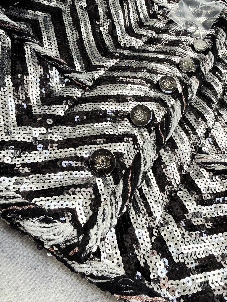 Chanel 21K Black and White Sequined Oversized Jacket