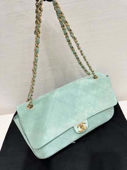 Chanel 26s suede CF Maxi bag, mint blue with gold chain, large size 36cm,
