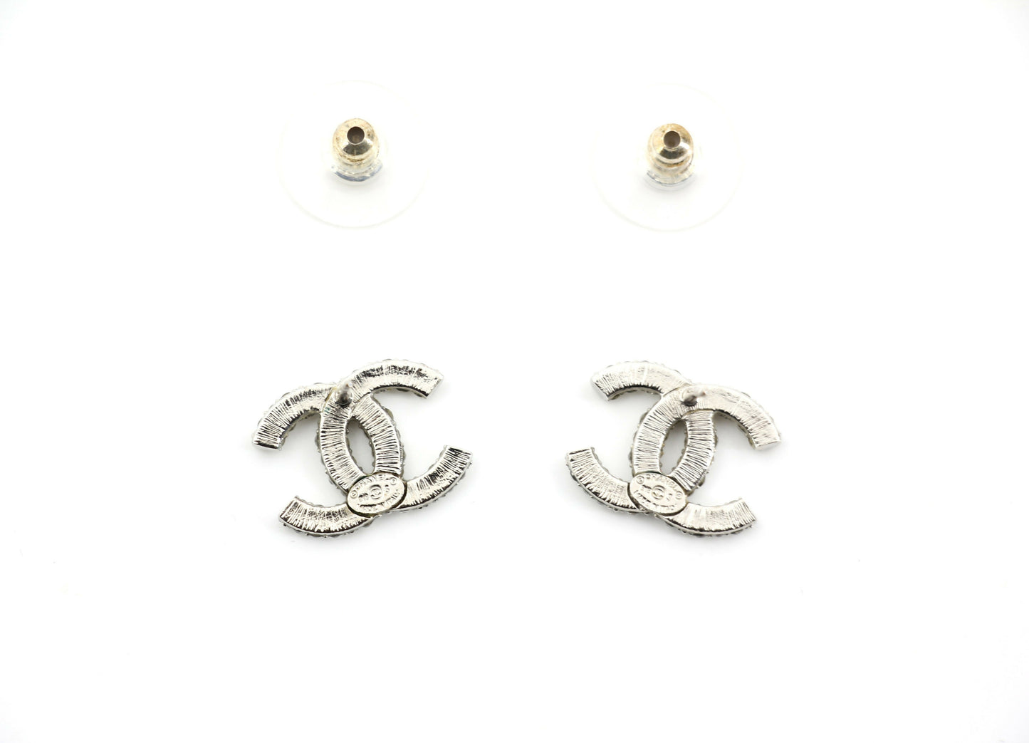 Chanel B18S Rhinestone Classic Silver CC Stud Earrings