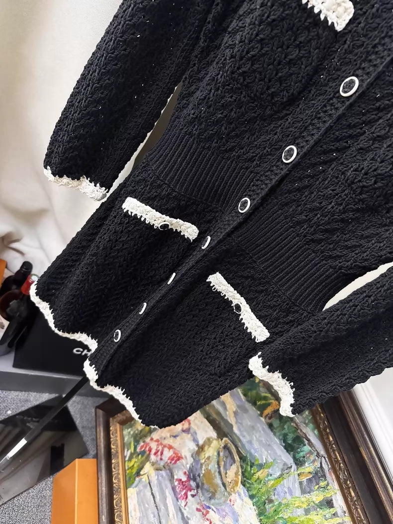 Chanel 22C Black and White Woven Camellia Button-Down Dress