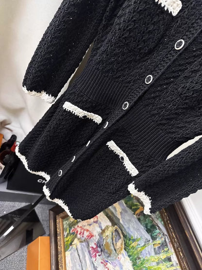Chanel 22C Black and White Woven Camellia Button-Down Dress