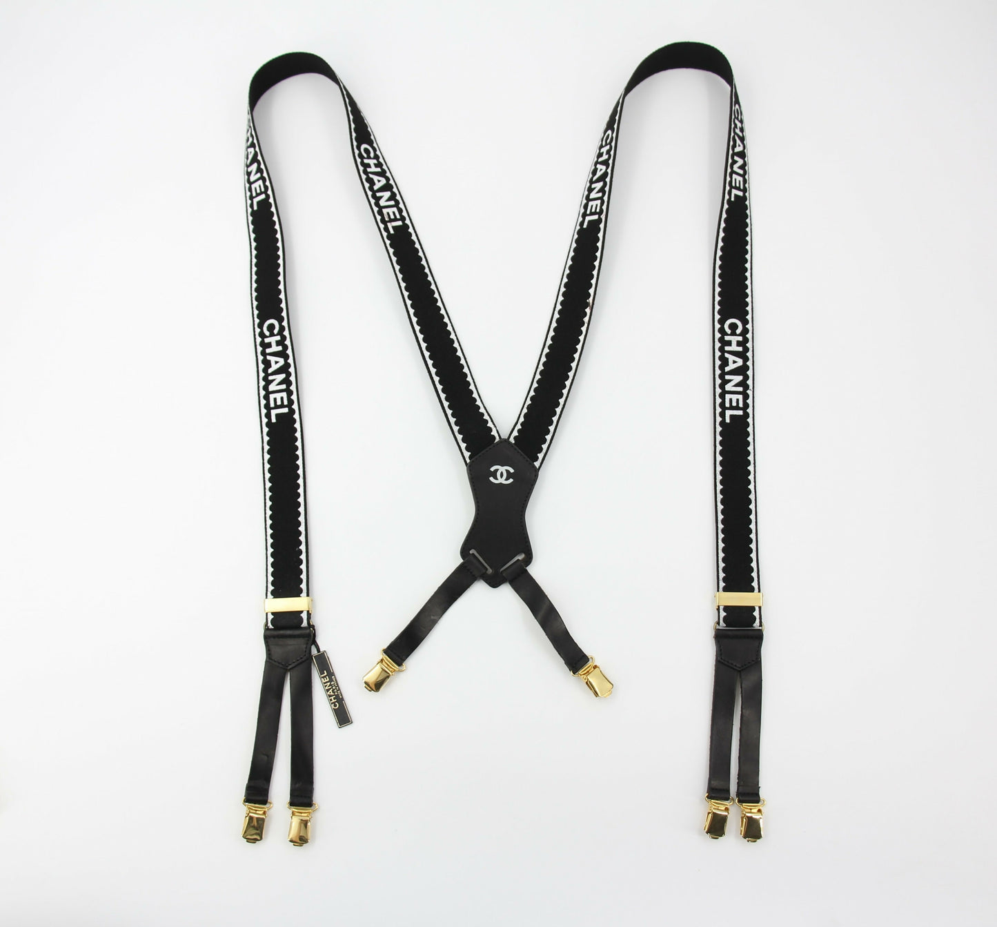 Chanel Vintage 94P Leather & Canvas Coco Mark Suspenders in Black with Gold Hardware
