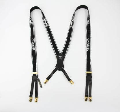 Chanel Vintage 94P Leather & Canvas Coco Mark Suspenders in Black with Gold Hardware