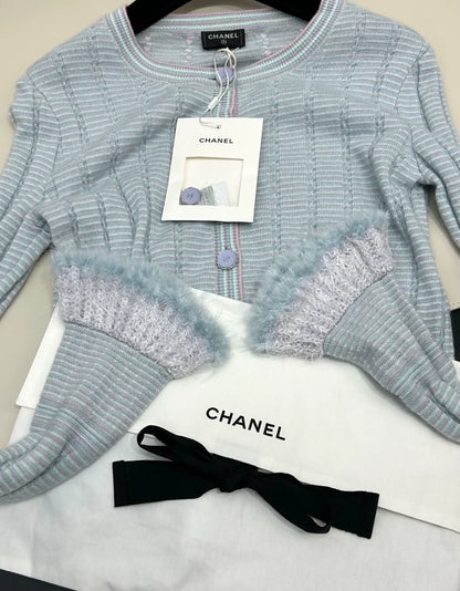 Chanel 25B Blue Furry Cuff Knit Cardigan