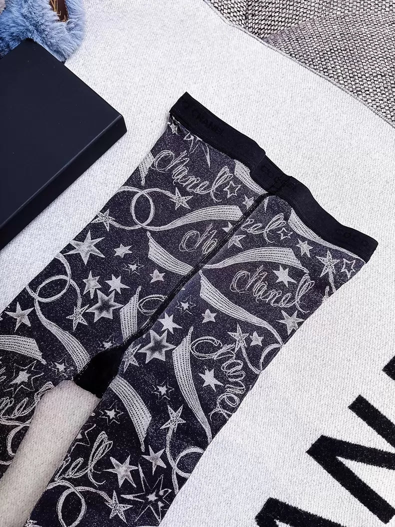 Chanel 24C Star & Comet Logo Black & Silver Glitter leggings socks