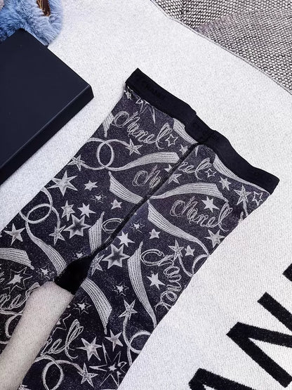 Chanel 24C Star & Comet Logo Black & Silver Glitter leggings socks