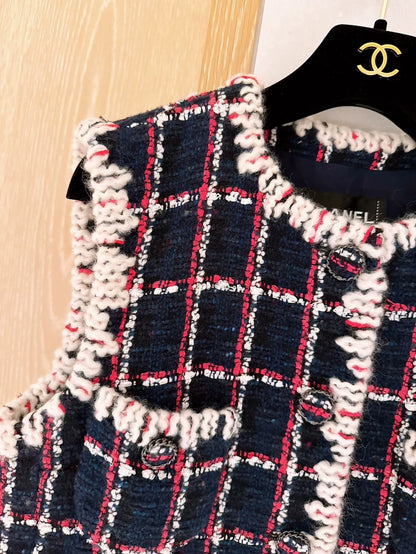 Chanel 19K Red and Blue Check Tweed Vest