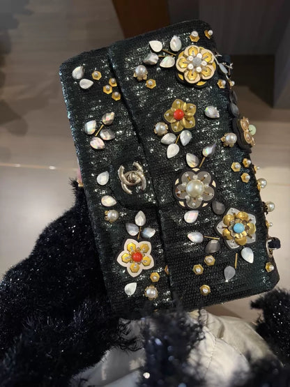 Rare Chanel 22 Dark Green Handmade 3D Beaded Flowers medium flap bag