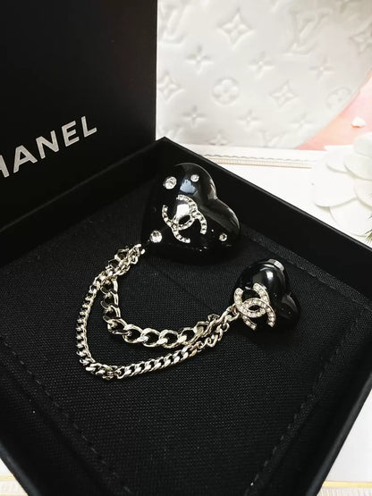 Chanel 22 Black Diamond-Studded Heart Brooch with Double C Heart Chain