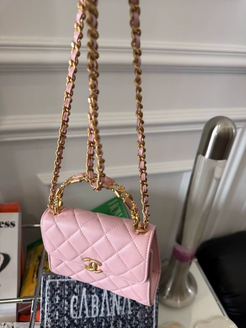 Chanel 22B Pink leather Gold Handle Kelly Medium