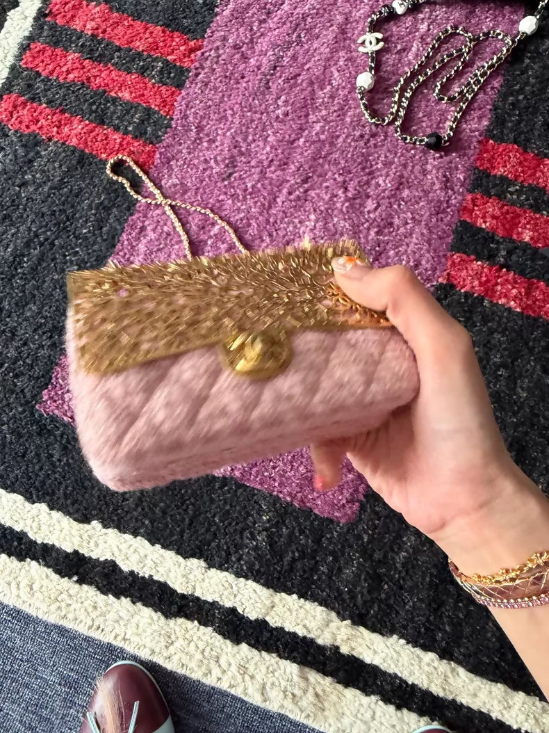 Chanel 22K pink tweed mini gold metallic openwork clutch bag Minaudieres