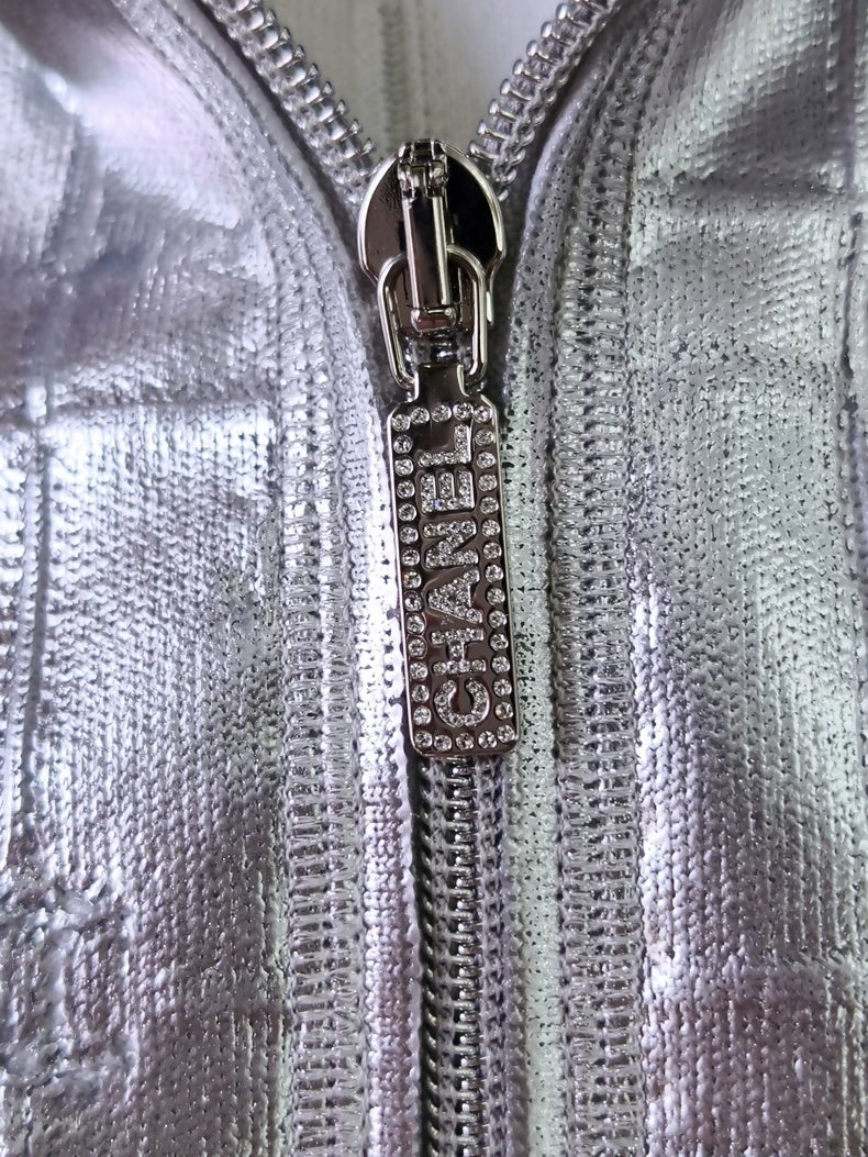 Chanel 25C silver rhinestone zipper full logo hooded jacket
