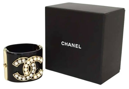 Chanel Iconic 14B Crystal & Pearl CC Wide Black Cuff Bracelet GHW