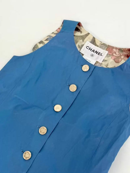 Chanel 15C Blue Floral Lined Leather Vest