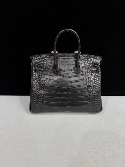 Hermes Birkin 25 black matte crocodile leather brushed palladium hardware