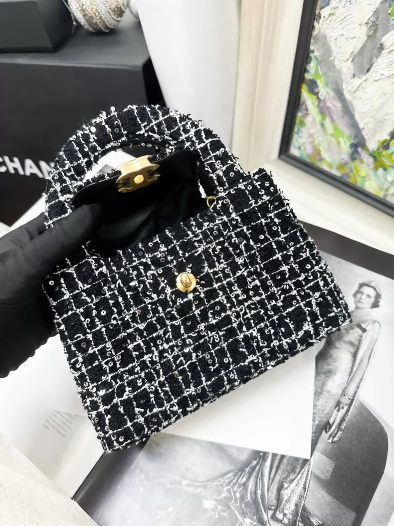 Chanel 24K Kelly Nano black and white tweed sequined shoulder bag with gold hardware