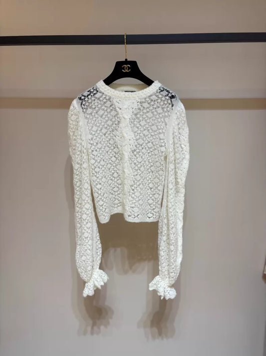 Chanel 23k ecru white crochet puff sleeve cashmere knit top