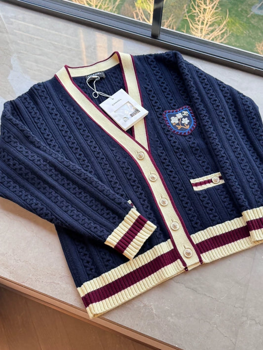Chanel 26C Navy Blue V-Neck Lion Button Knit Cardigan