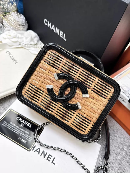 Chanel 19S Vanity classic double C logo bamboo and rattan woven limited edition bag