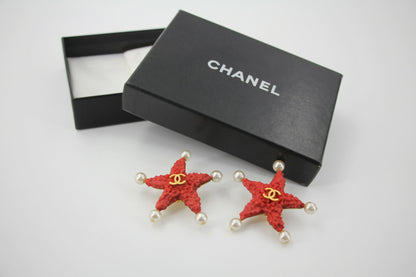 Chanel 93C Red Lava Imitation Pearls Gold Plated CC Starfish Earrings
