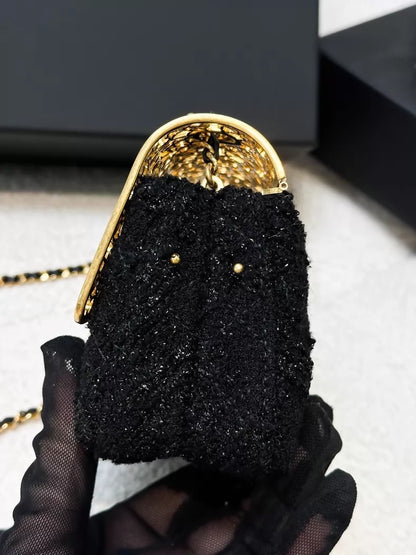 Chanel 22K black and gold metallic tweed CF chain evening bag
