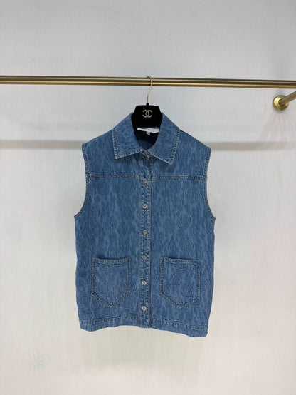 Chanel 23P Camellia Double C Rhinestone Button Denim Vest