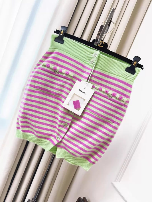 Chanel 25S Pink and Green Striped Skirt