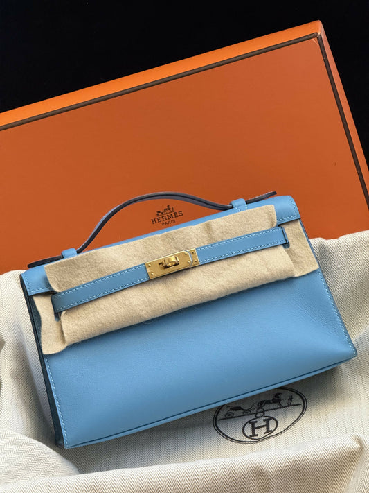 Hermès Kelly Pochette Bleu du Nord Swift Leather with Gold Hardware
