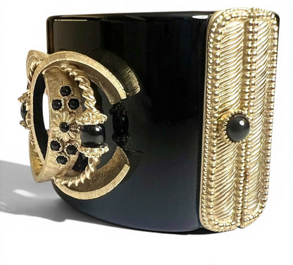 Rare Chanel 16A Paris Seoul Black Pearl Gold Wide Statement Cuff Bracelet