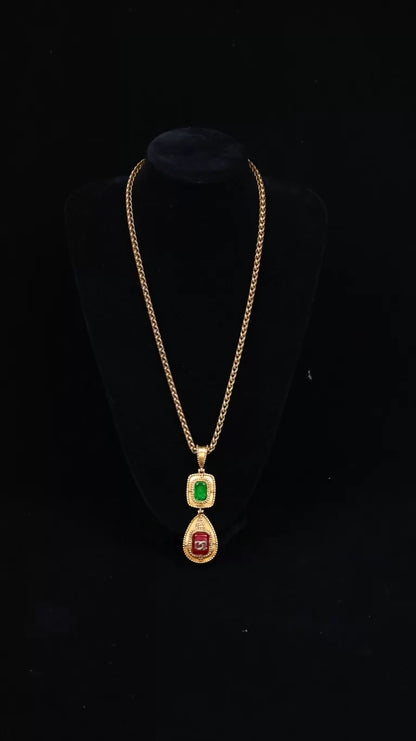 Chanel 1996 Red and Green Glass Pendant Necklace