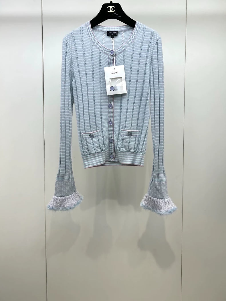 Chanel 25B Blue Furry Cuff Knit Cardigan
