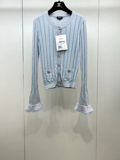 Chanel 25B Blue Furry Cuff Knit Cardigan