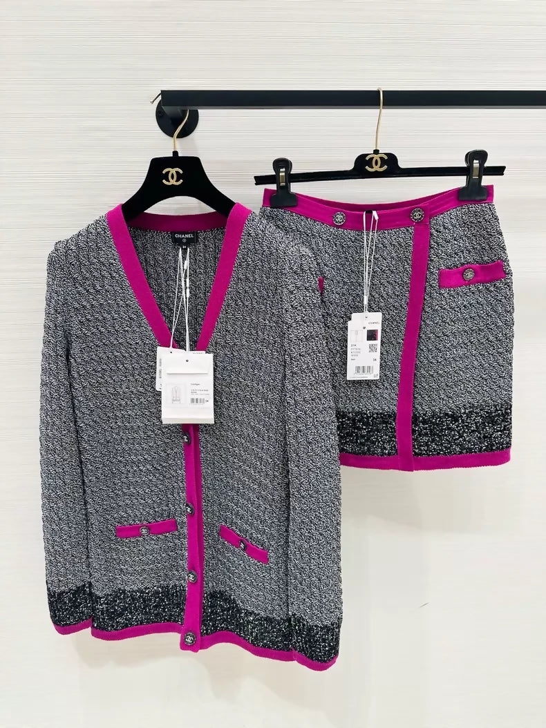 Chanel grey purple tweed cardigan and skirt set