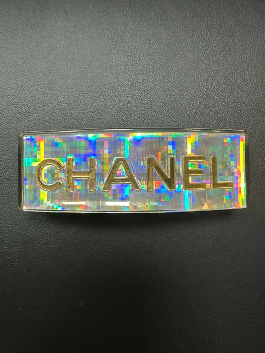 Chanel Vintage 97P Resin Iridescent Letter Motif Sliver Tone Hair Clip