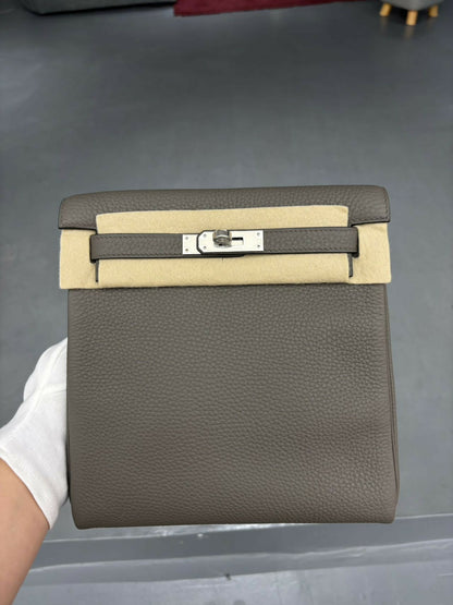 Hermès Kelly Ado Backpack Étain / Etain Clemence (TC) Leather with Palladium Hardware