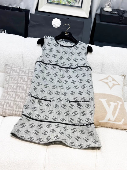 Chanel 22S grey denim dress with all-over logo and black rhinestone buttons