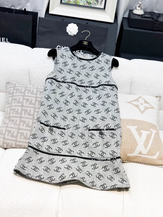 Chanel 22S grey denim dress with all-over logo and black rhinestone buttons