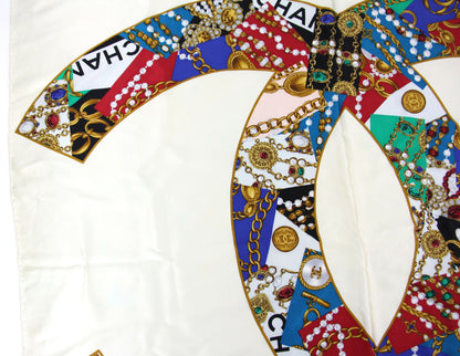 Chanel 100% Silk Beige Jewelry Pattern Scarf